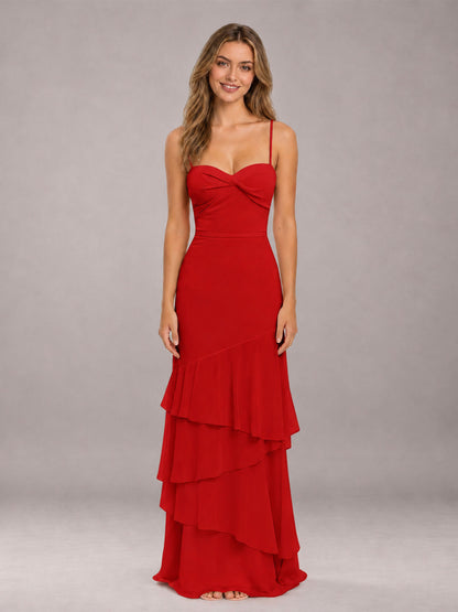 Red Spaghetti Straps Ruffled Chiffon Floor Length Bridesmaid Dress