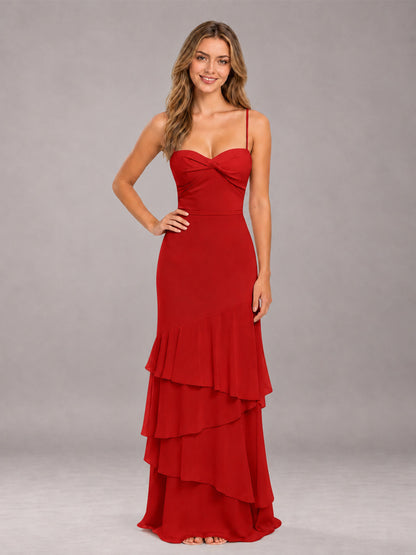 Red Spaghetti Straps Ruffled Chiffon Floor Length Bridesmaid Dress