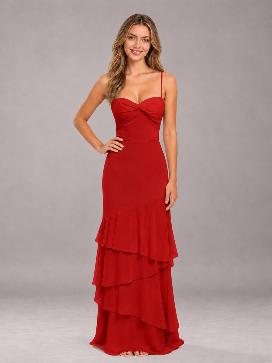 Red Spaghetti Straps Ruffled Chiffon Floor Length Bridesmaid Dress