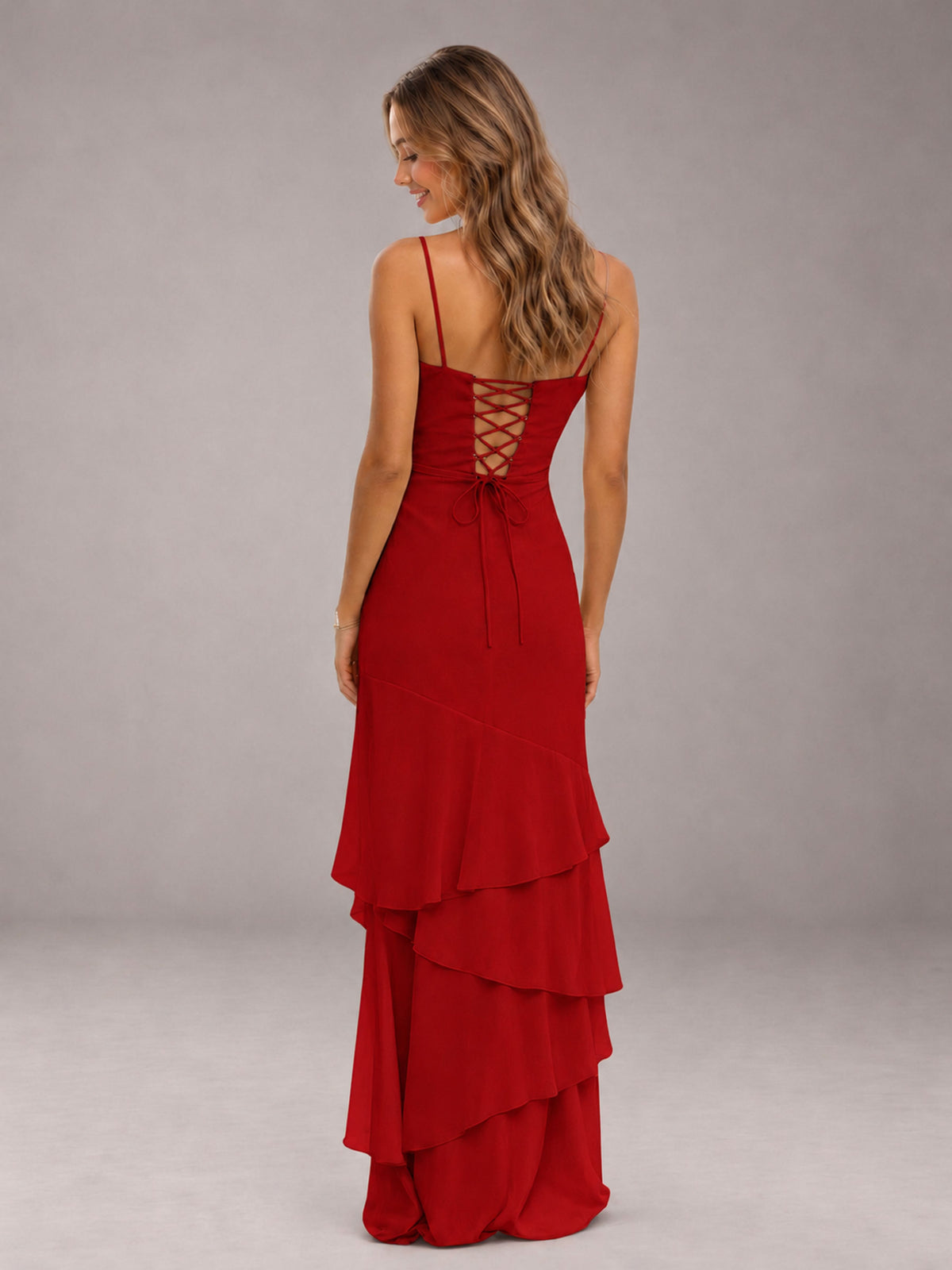 Red Spaghetti Straps Ruffled Chiffon Floor Length Bridesmaid Dress