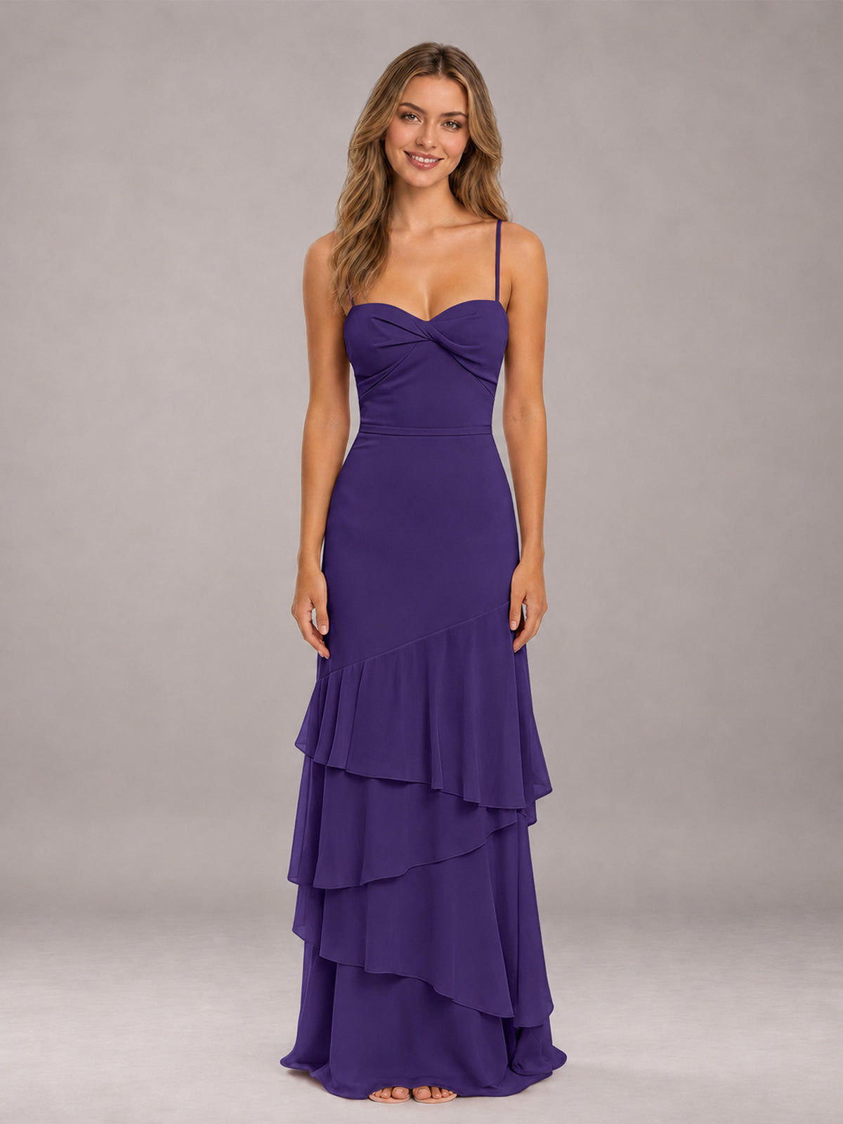 Regency Spaghetti Straps Ruffled Chiffon Floor Length Bridesmaid Dress