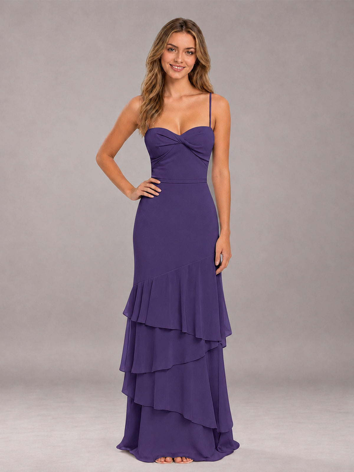 Regency Spaghetti Straps Ruffled Chiffon Floor Length Bridesmaid Dress