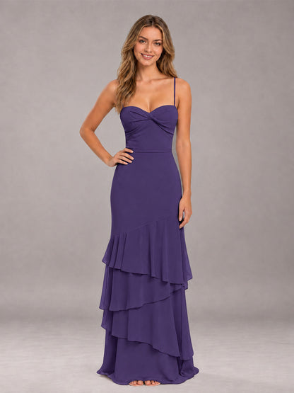 Regency Spaghetti Straps Ruffled Chiffon Floor Length Bridesmaid Dress