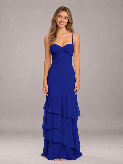 Royal Blue Spaghetti Straps Ruffled Chiffon Floor Length Bridesmaid Dress