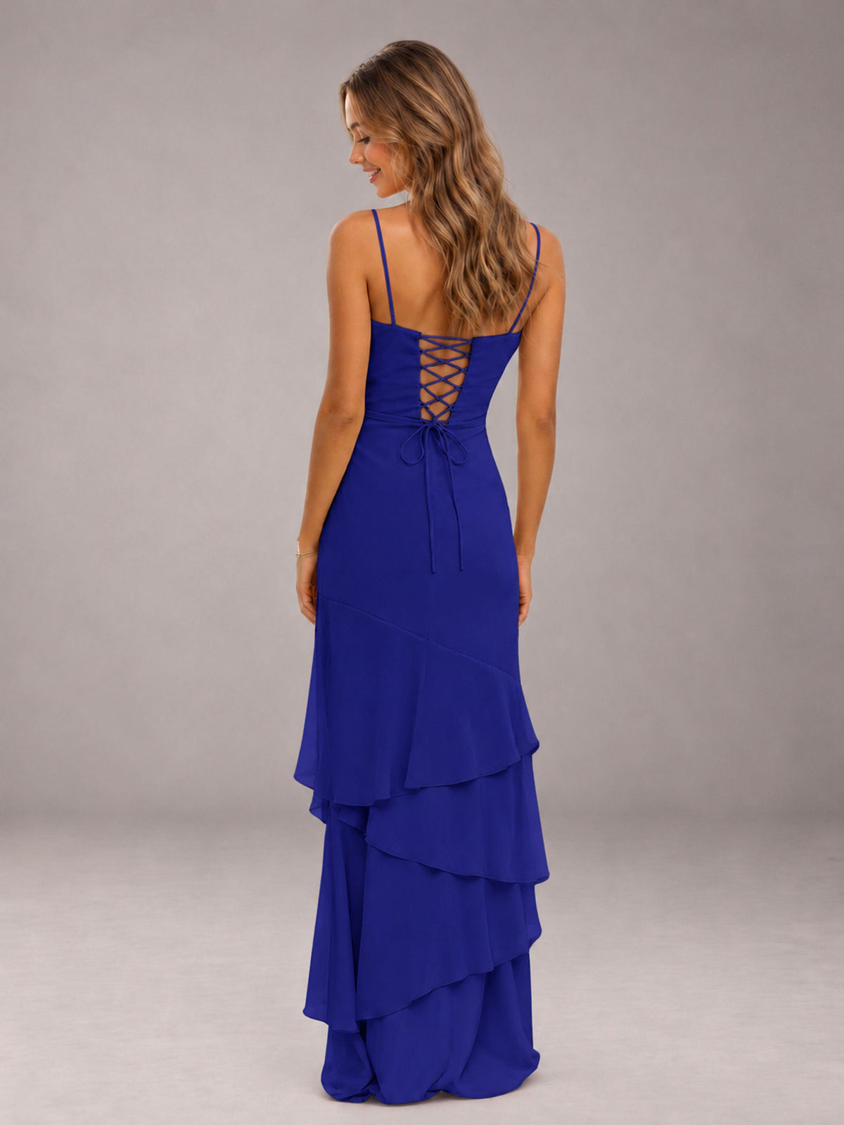 Royal Blue Spaghetti Straps Ruffled Chiffon Floor Length Bridesmaid Dress