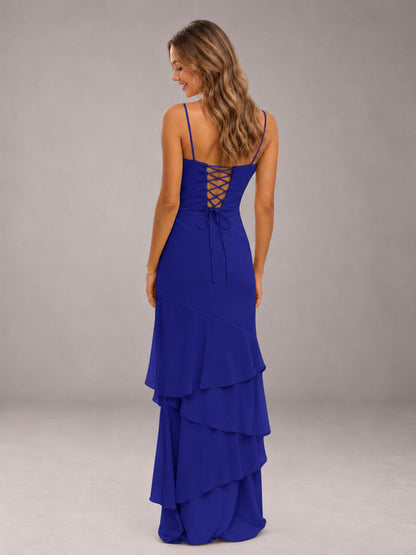 Royal Blue Spaghetti Straps Ruffled Chiffon Floor Length Bridesmaid Dress