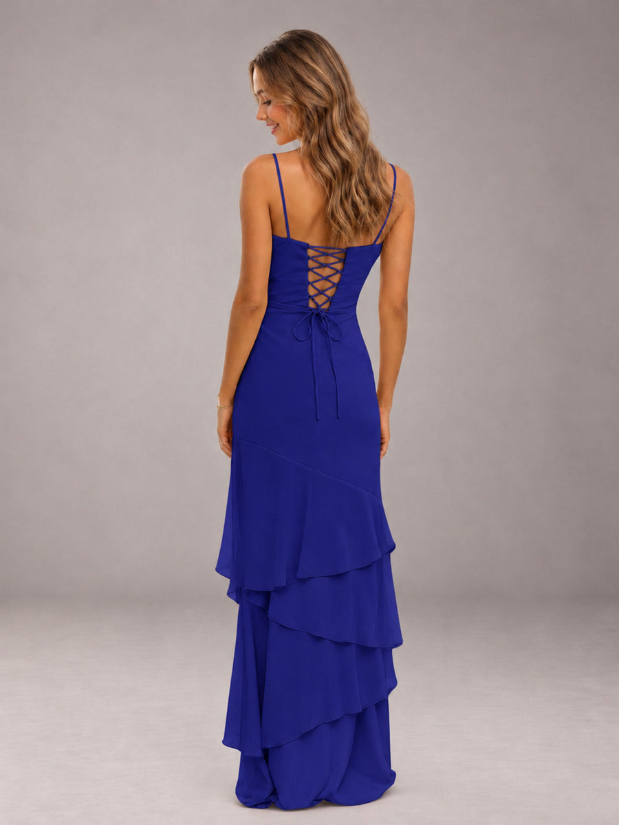 Royal Blue Spaghetti Straps Ruffled Chiffon Floor Length Bridesmaid Dress