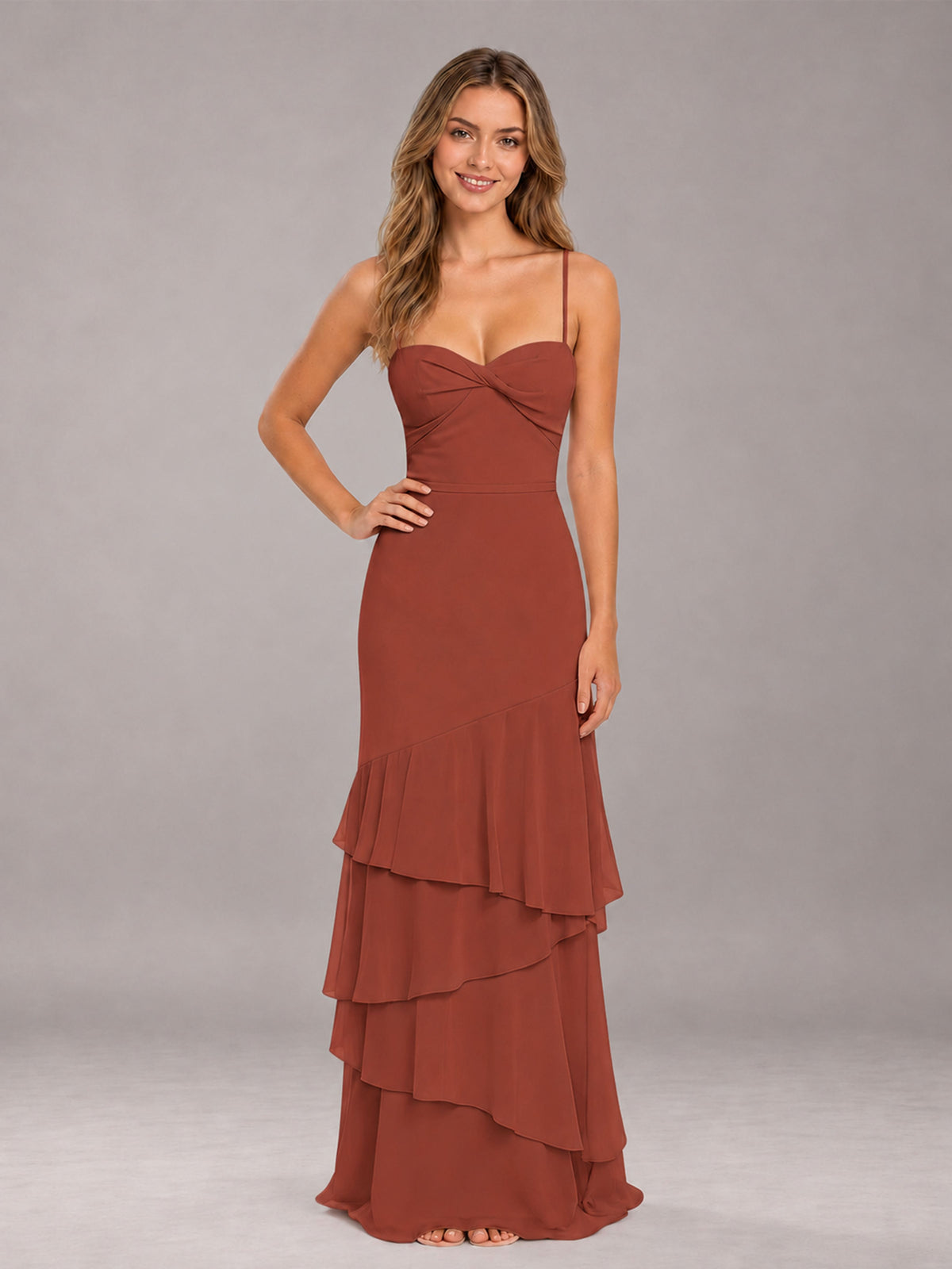 Rust Spaghetti Straps Ruffled Chiffon Floor Length Bridesmaid Dress