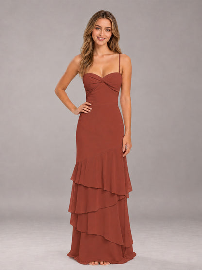 Rust Spaghetti Straps Ruffled Chiffon Floor Length Bridesmaid Dress