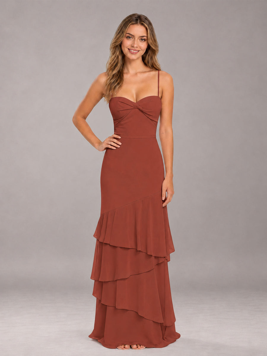 Rust Spaghetti Straps Ruffled Chiffon Floor Length Bridesmaid Dress