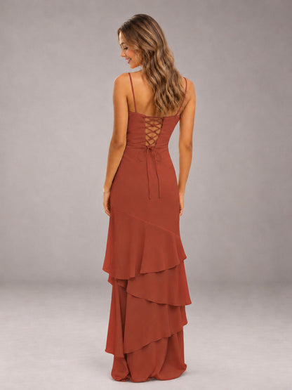 Rust Spaghetti Straps Ruffled Chiffon Floor Length Bridesmaid Dress