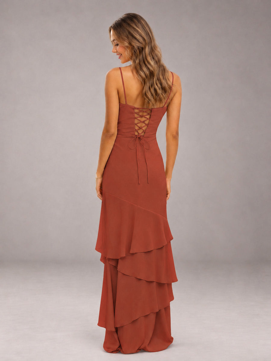 Rust Spaghetti Straps Ruffled Chiffon Floor Length Bridesmaid Dress
