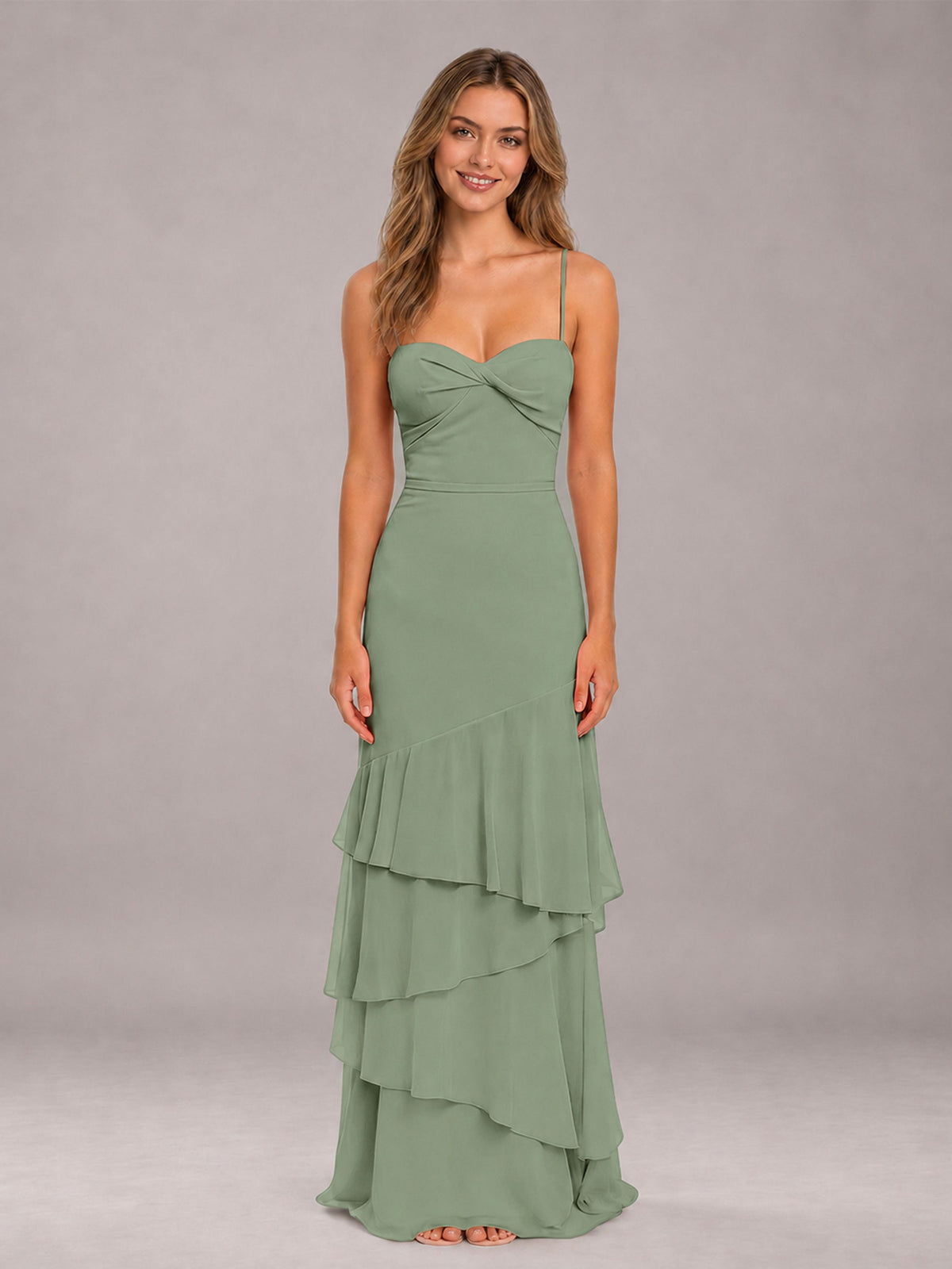 Sage Green Spaghetti Straps Ruffled Chiffon Floor Length Bridesmaid Dress