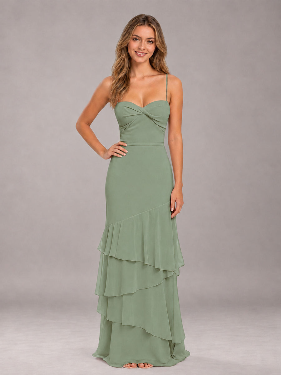 Sage Green Spaghetti Straps Ruffled Chiffon Floor Length Bridesmaid Dress