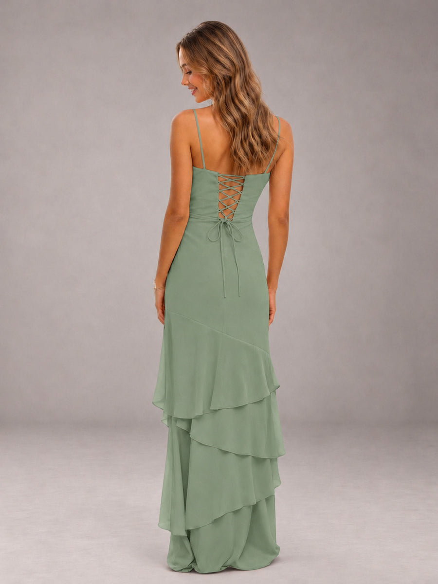 Sage Green Spaghetti Straps Ruffled Chiffon Floor Length Bridesmaid Dress