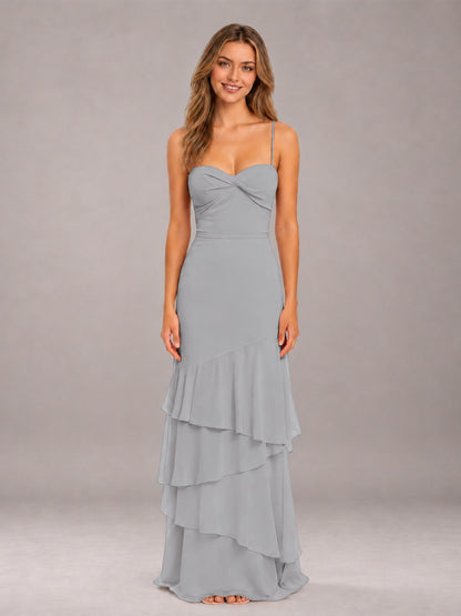 Silver Spaghetti Straps Ruffled Chiffon Floor Length Bridesmaid Dress