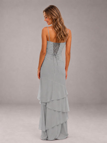 Silver Spaghetti Straps Ruffled Chiffon Floor Length Bridesmaid Dress