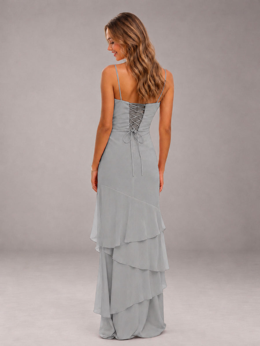 Silver Spaghetti Straps Ruffled Chiffon Floor Length Bridesmaid Dress