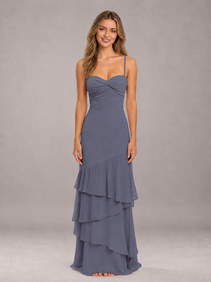 Stormy Blue Spaghetti Straps Ruffled Chiffon Floor Length Bridesmaid Dress