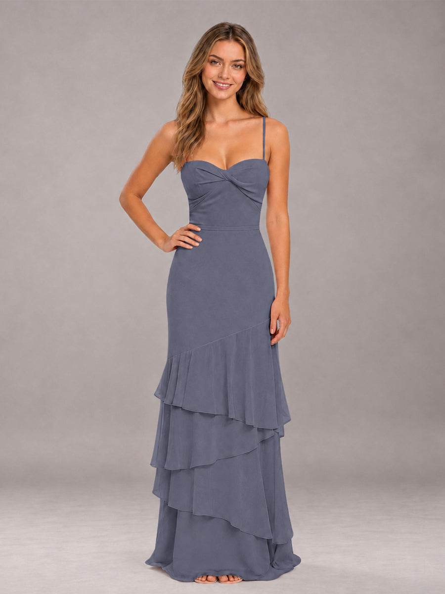 Stormy Blue Spaghetti Straps Ruffled Chiffon Floor Length Bridesmaid Dress