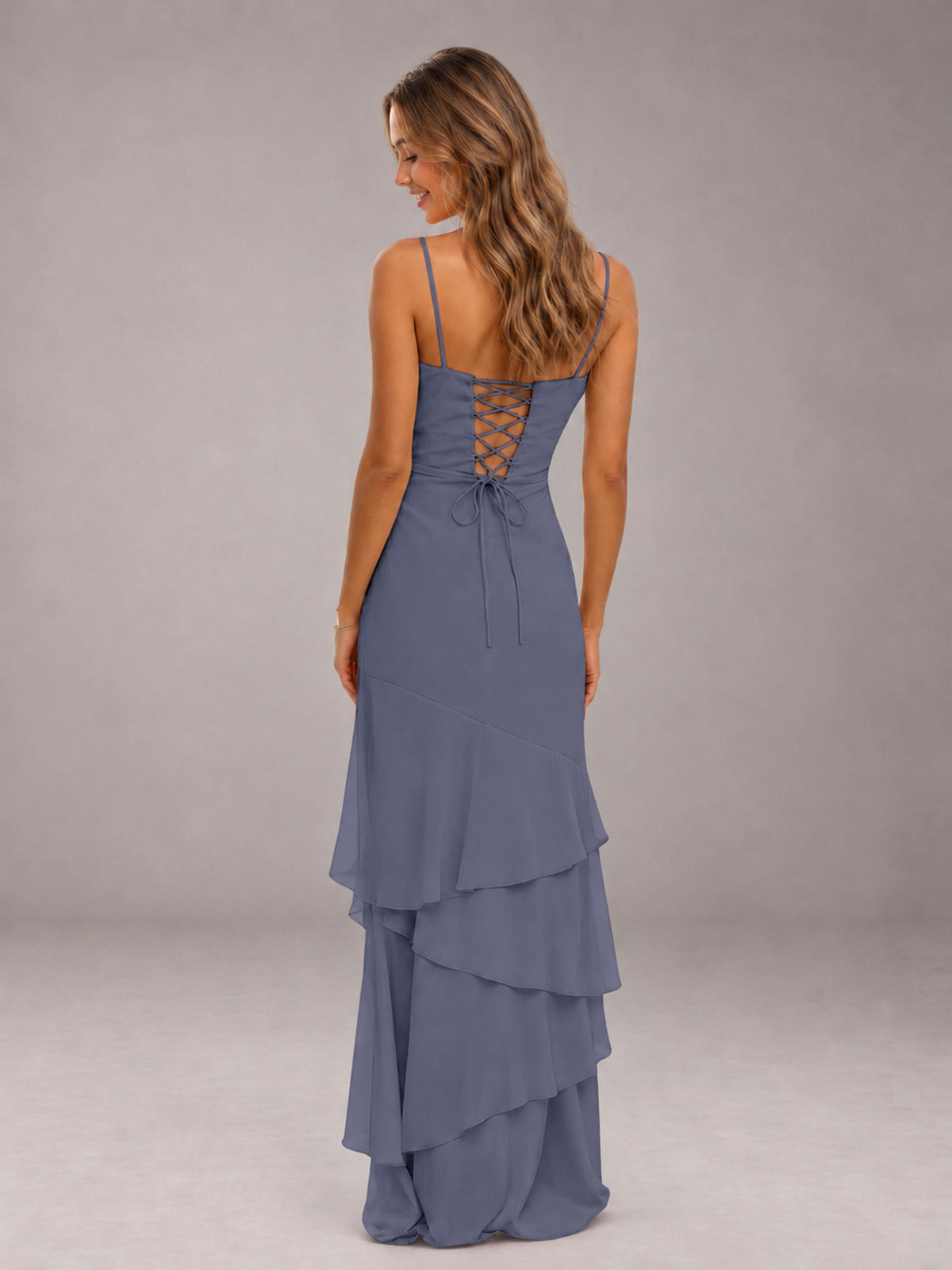 Stormy Blue Spaghetti Straps Ruffled Chiffon Floor Length Bridesmaid Dress
