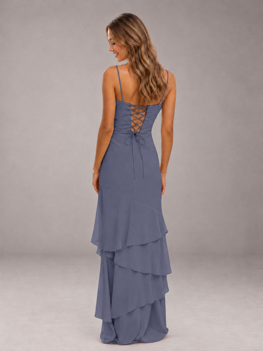 Stormy Blue Spaghetti Straps Ruffled Chiffon Floor Length Bridesmaid Dress