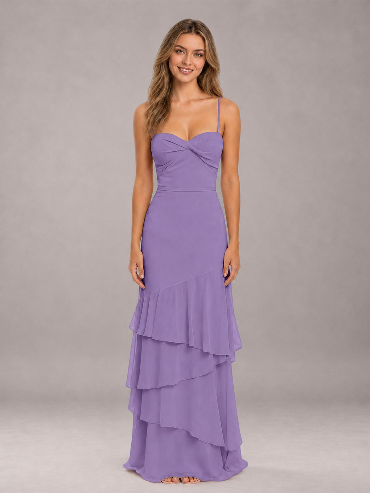 Tahiti Spaghetti Straps Ruffled Chiffon Floor Length Bridesmaid Dress