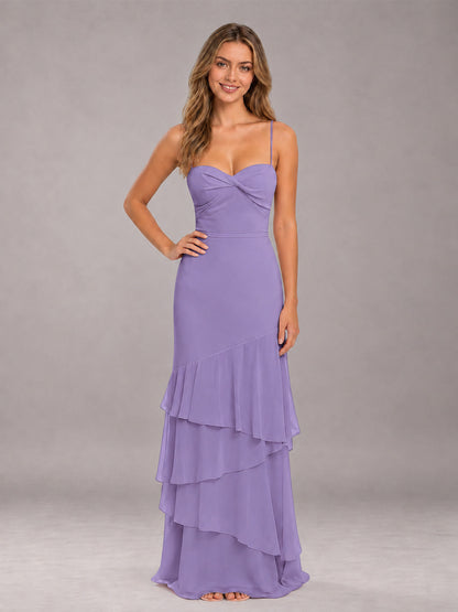 Tahiti Spaghetti Straps Ruffled Chiffon Floor Length Bridesmaid Dress