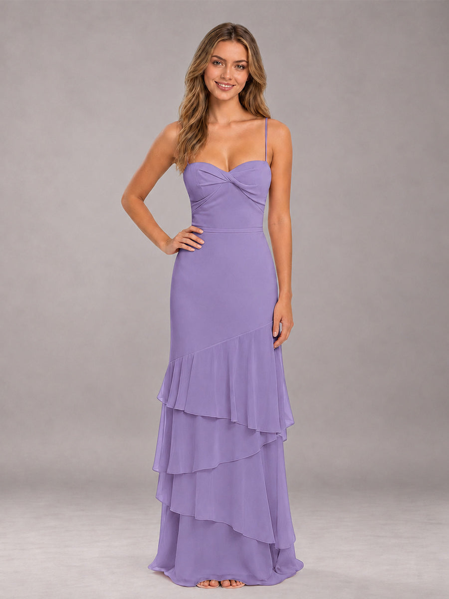Tahiti Spaghetti Straps Ruffled Chiffon Floor Length Bridesmaid Dress