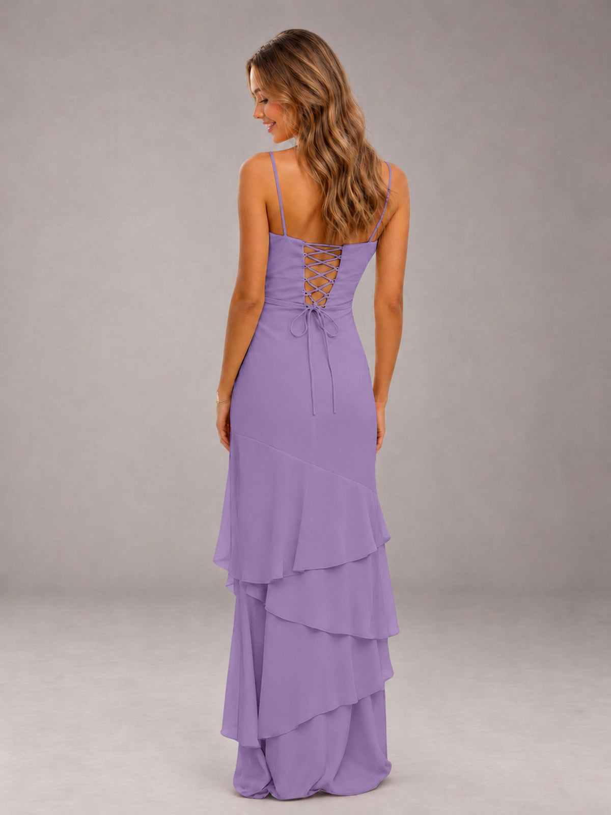 Tahiti Spaghetti Straps Ruffled Chiffon Floor Length Bridesmaid Dress