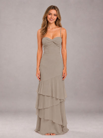 Taupe Spaghetti Straps Ruffled Chiffon Floor Length Bridesmaid Dress