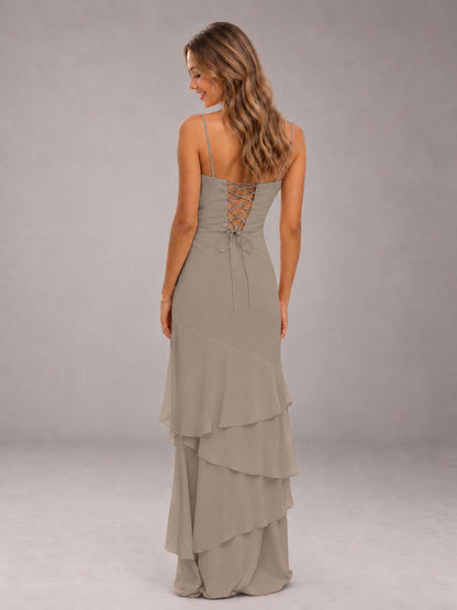 Taupe Spaghetti Straps Ruffled Chiffon Floor Length Bridesmaid Dress