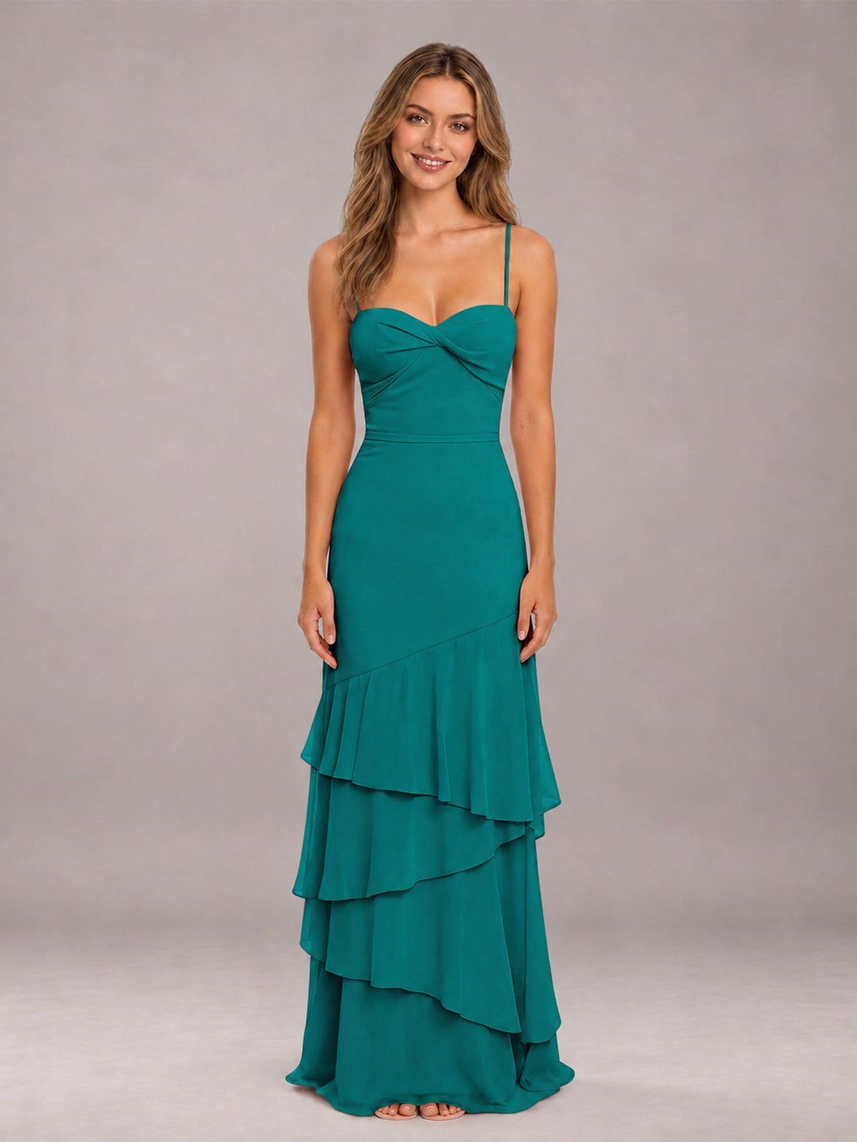 Teal Spaghetti Straps Ruffled Chiffon Floor Length Bridesmaid Dress