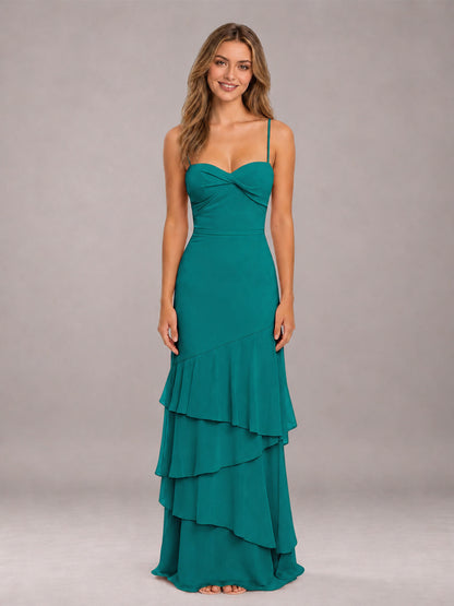 Teal Spaghetti Straps Ruffled Chiffon Floor Length Bridesmaid Dress