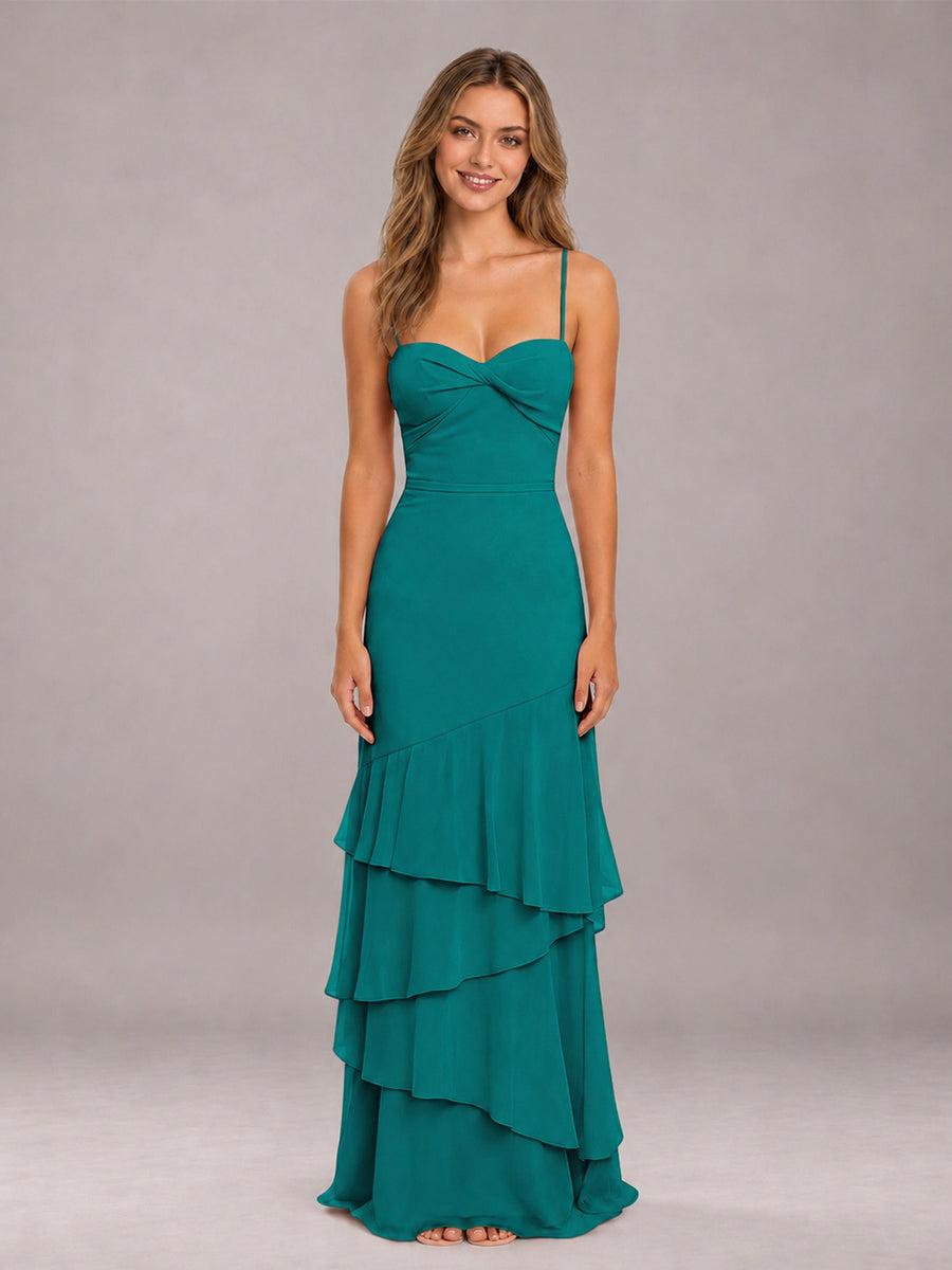 Teal Spaghetti Straps Ruffled Chiffon Floor Length Bridesmaid Dress