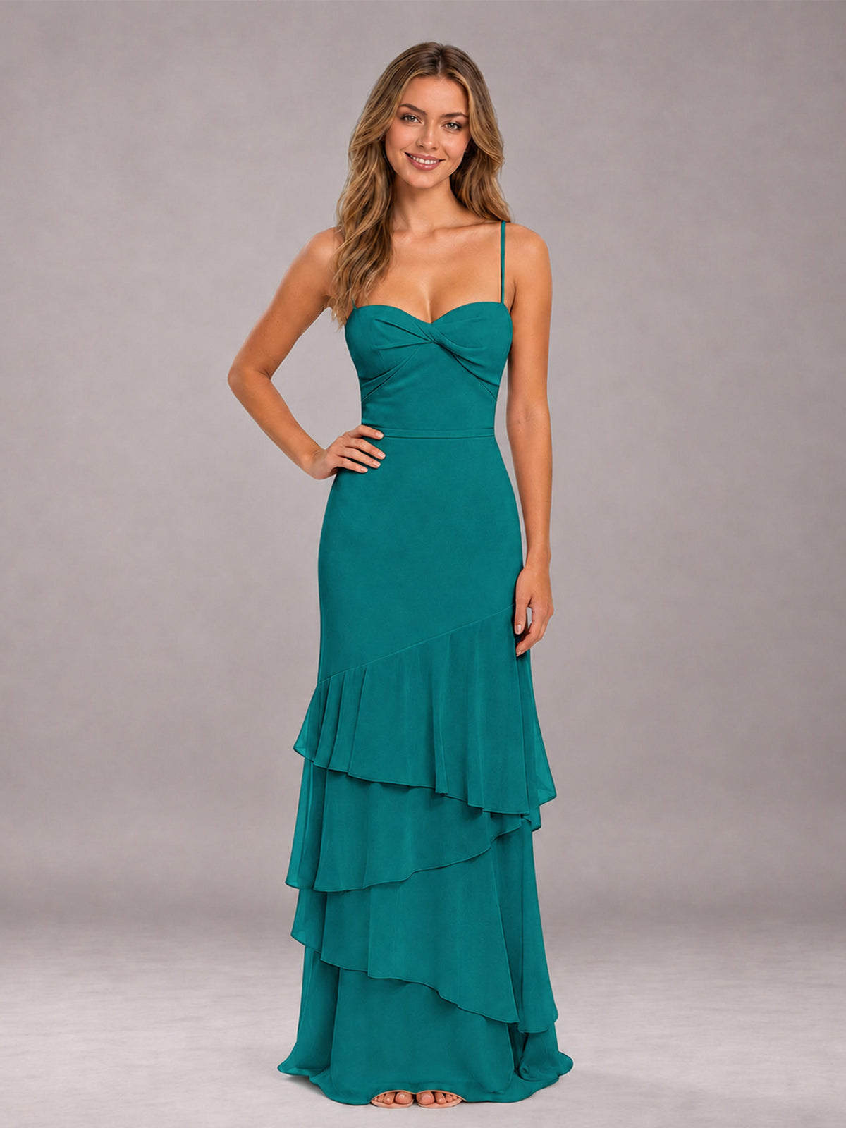 Teal Spaghetti Straps Ruffled Chiffon Floor Length Bridesmaid Dress