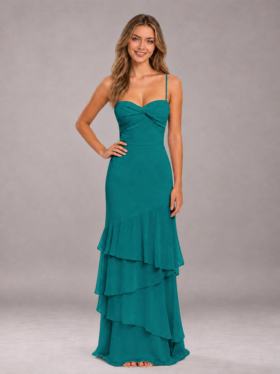 Teal Spaghetti Straps Ruffled Chiffon Floor Length Bridesmaid Dress