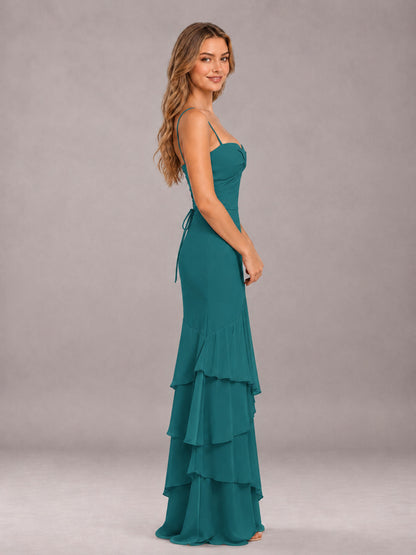 Teal Spaghetti Straps Ruffled Chiffon Floor Length Bridesmaid Dress