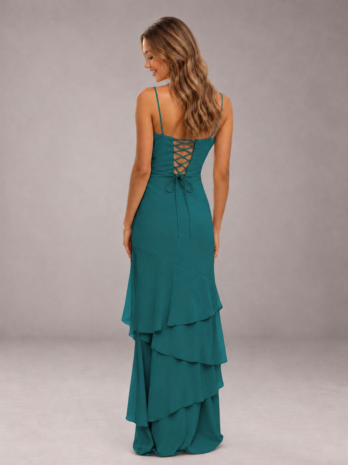 Teal Spaghetti Straps Ruffled Chiffon Floor Length Bridesmaid Dress