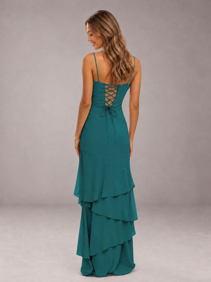 Teal Spaghetti Straps Ruffled Chiffon Floor Length Bridesmaid Dress