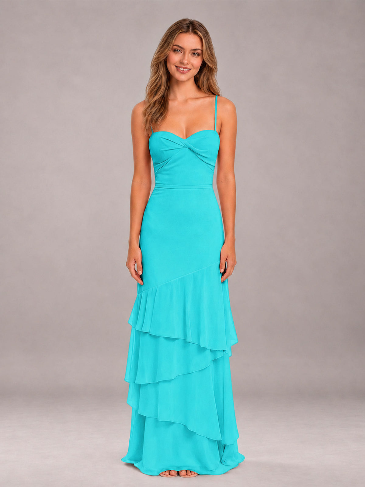Turquoise Spaghetti Straps Ruffled Chiffon Floor Length Bridesmaid Dress