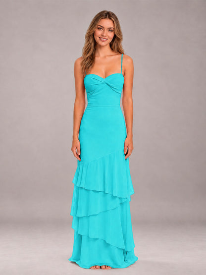 Turquoise Spaghetti Straps Ruffled Chiffon Floor Length Bridesmaid Dress