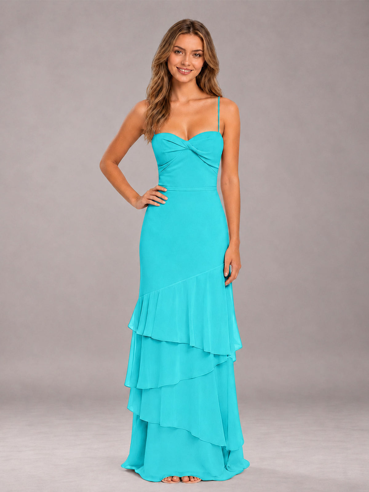 Turquoise Spaghetti Straps Ruffled Chiffon Floor Length Bridesmaid Dress