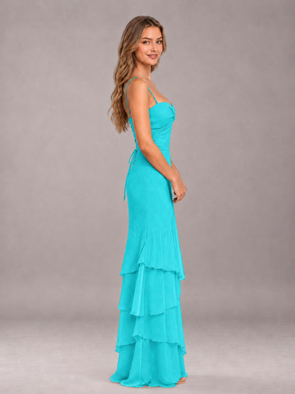 Turquoise Spaghetti Straps Ruffled Chiffon Floor Length Bridesmaid Dress