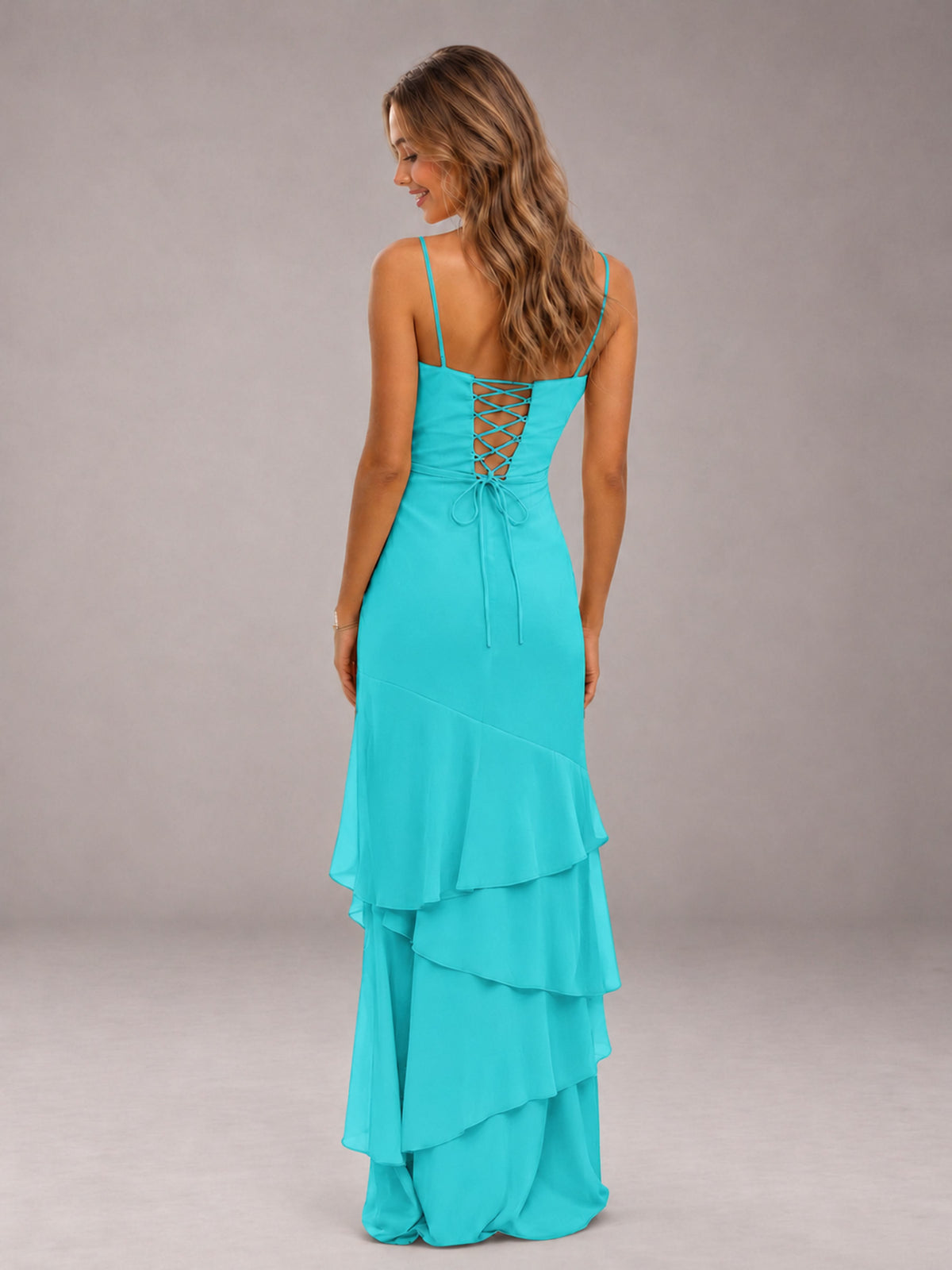 Turquoise Spaghetti Straps Ruffled Chiffon Floor Length Bridesmaid Dress