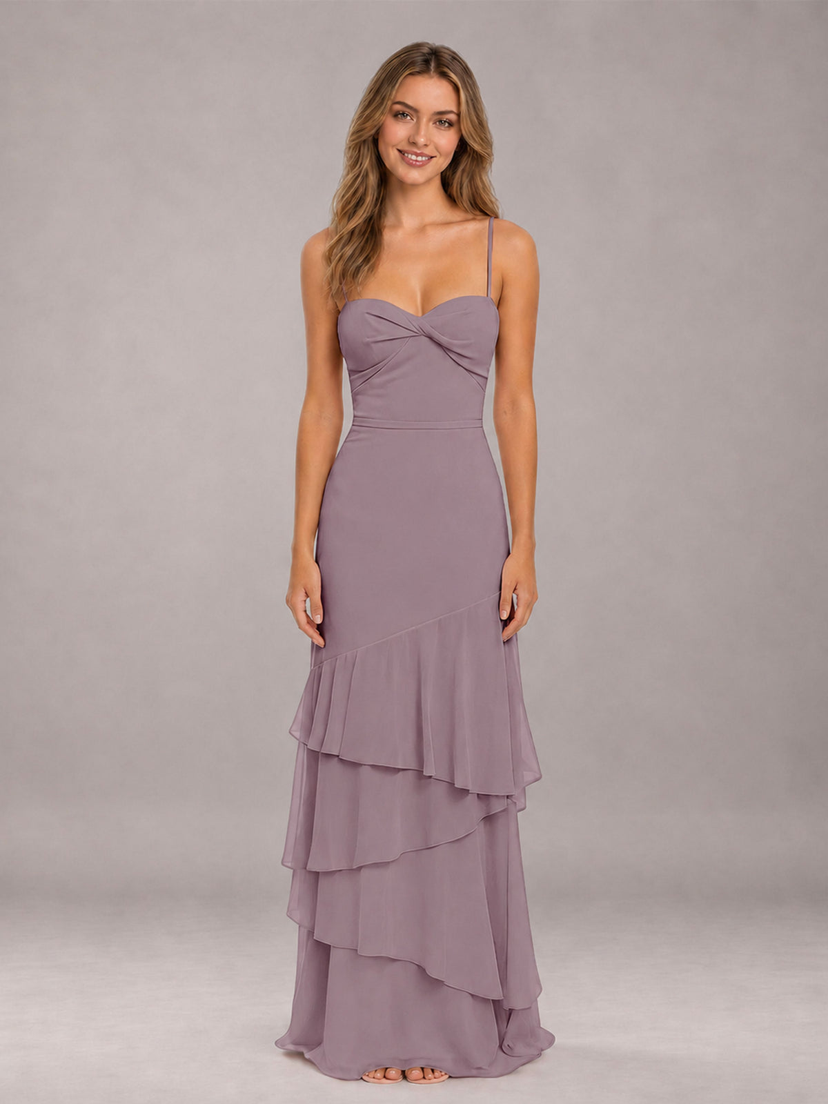 Wisteria Spaghetti Straps Ruffled Chiffon Floor Length Bridesmaid Dress