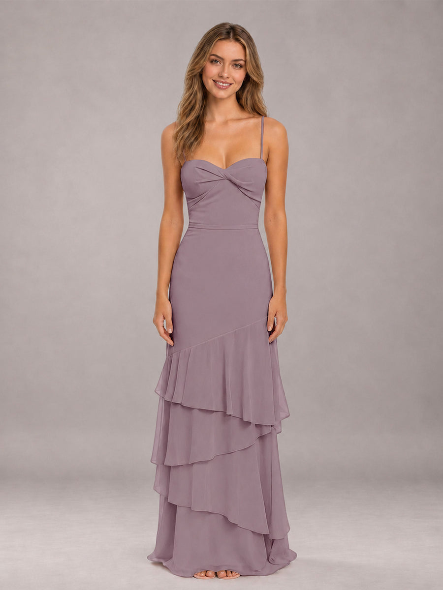 Wisteria Spaghetti Straps Ruffled Chiffon Floor Length Bridesmaid Dress