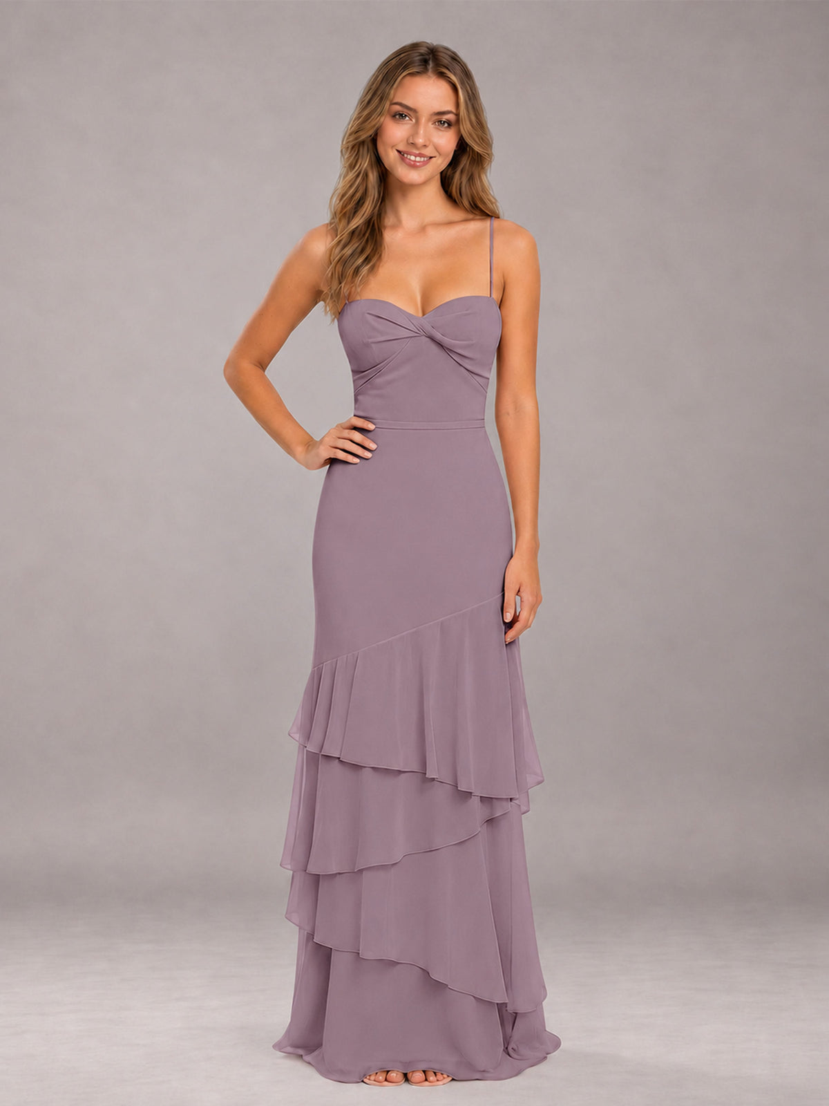 Wisteria Spaghetti Straps Ruffled Chiffon Floor Length Bridesmaid Dress