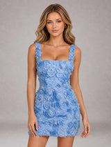 Free Shipping Square Neck 3D Floral Appliques Lace-Up Mini Homecoming Dress