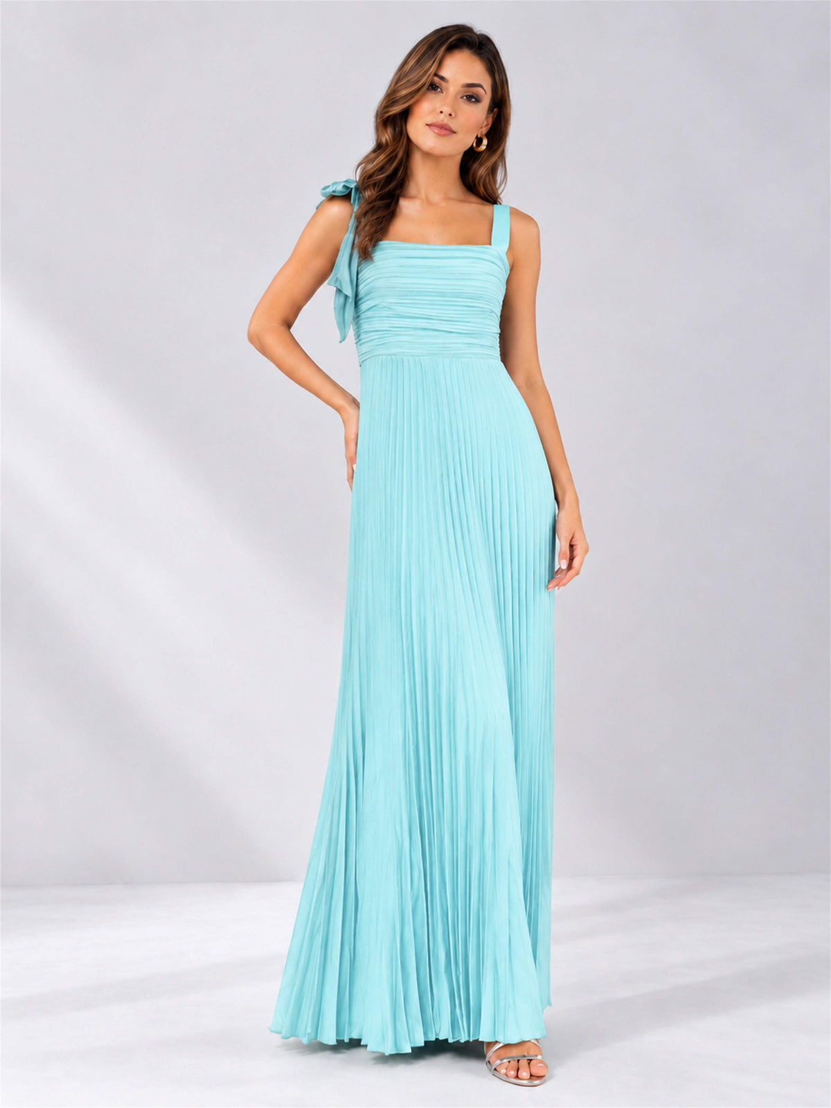 Square Neck A-Line Pleated Satin Sleeveless Floor-Length Wedding Guest Dress